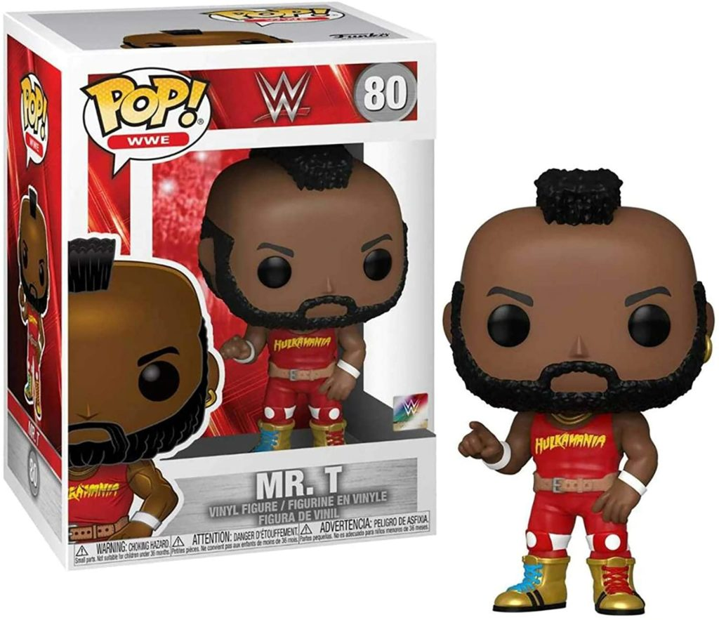 Mr. T Funko Pop Vinyl-Figur in ihrer Originalverpackung mit rotem WWE-Outfit und Bart.