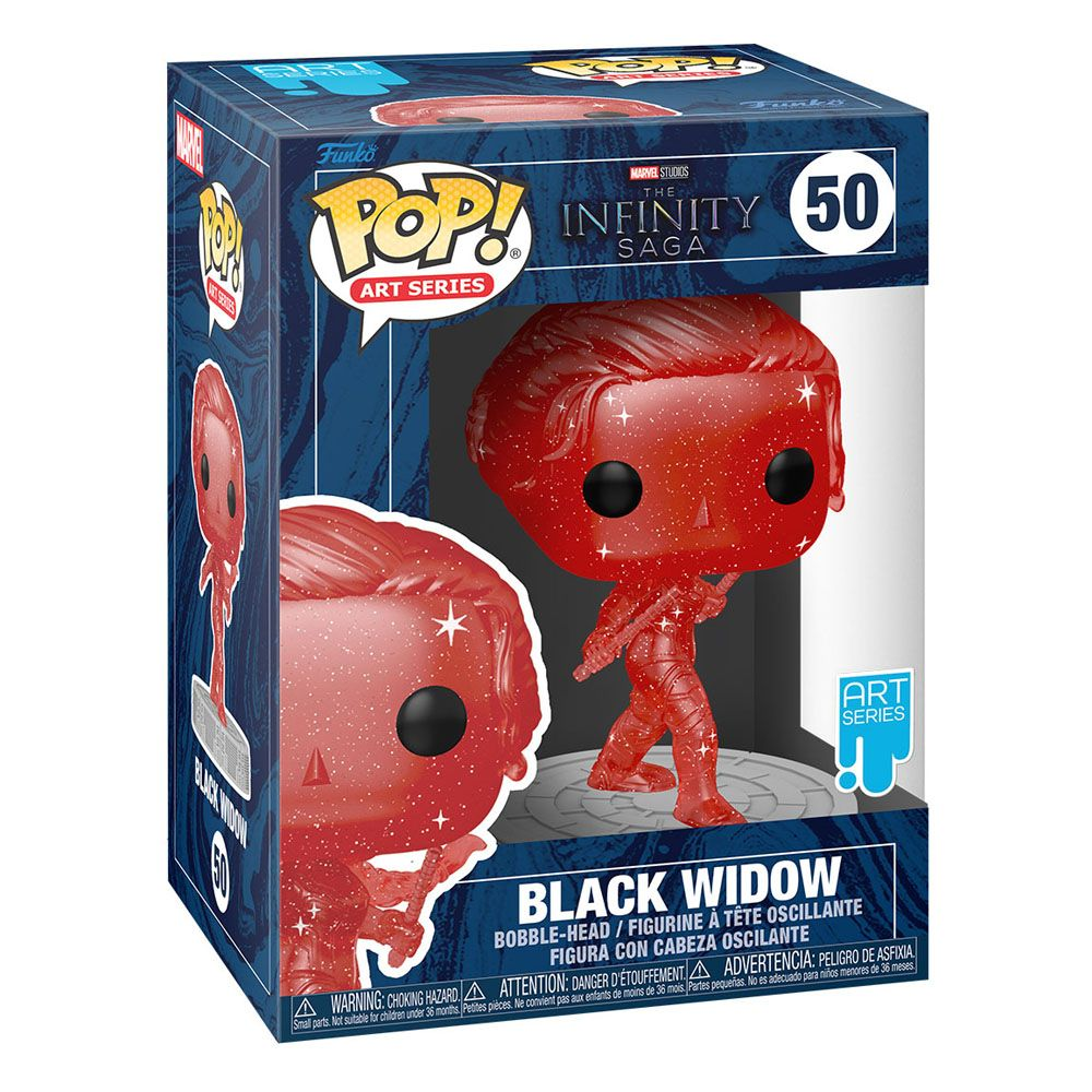 Una figura de Black Widow Funko Pop roja brillante dentro de una caja de colección azul y blanca.