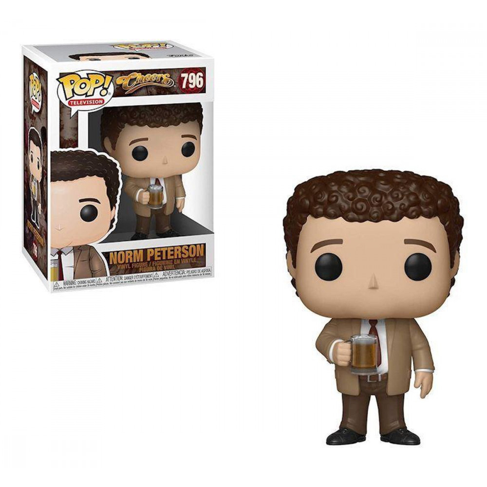 Funko Pop Vinyl-Figur von Norm Peterson mit Bierkrug neben der Themenverpackung.