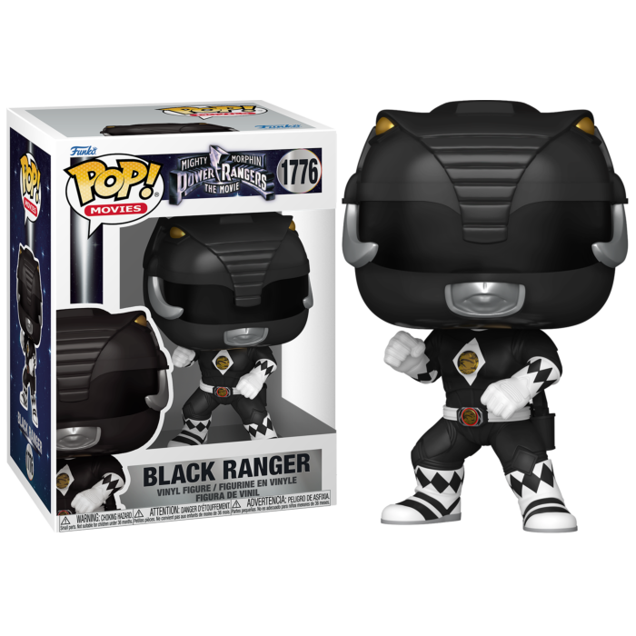 Figura Funko Pop de Black Ranger junto a su caja sobre un fondo negro.
