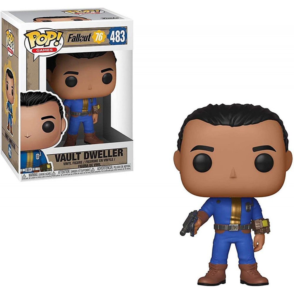 Fallout Vault Dweller Funko Pop Vinyl-Figur neben der beschrifteten Verpackung.