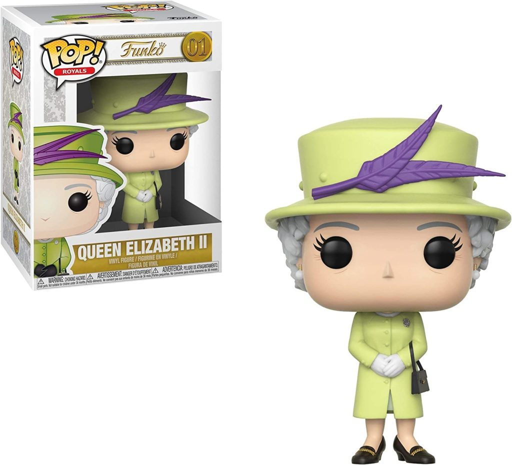 Funko Pop Vinylfigur der Queen Elizabeth II in gelbem Outfit mit Hut und Handtasche, neben ihrer Originalverpackung.
