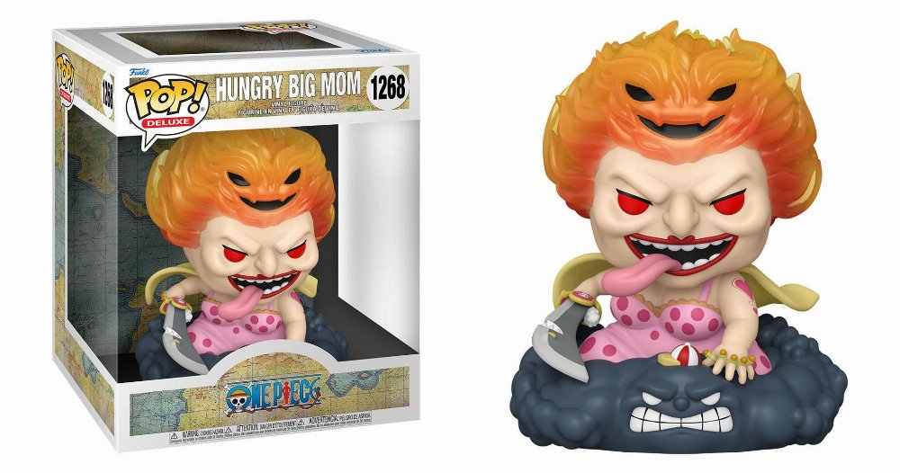 Hungry Big Mom Pop-Figur aus One Piece mit Schwert und Flammenhaar auf einer grauen Wolke.
