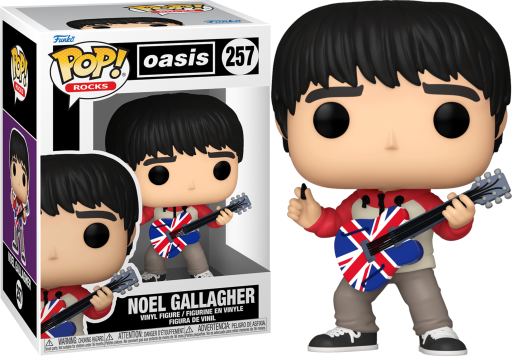 Funko Pop Rocks Figur von Noel Gallagher mit Union-Jack-Gitarre vor seiner Box.
