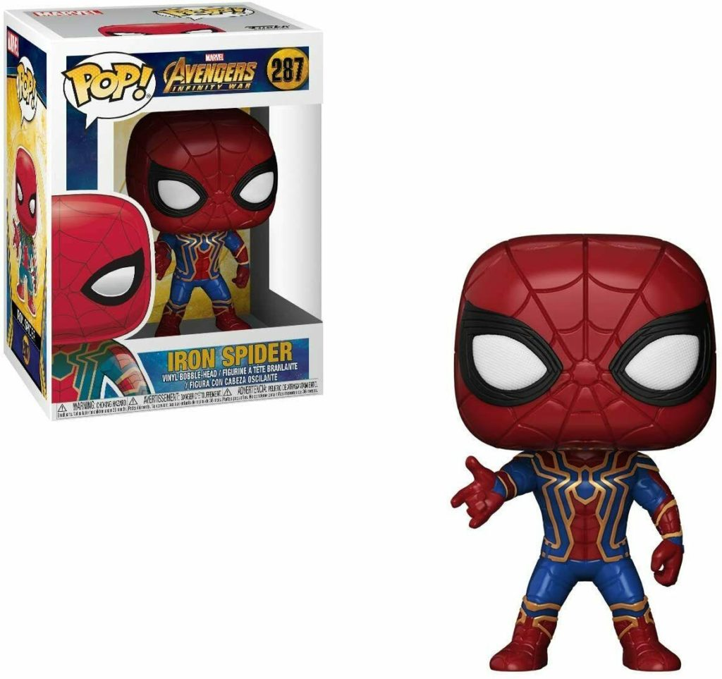 Figura de vinilo Funko Pop Iron Spider dentro y fuera de su caja.