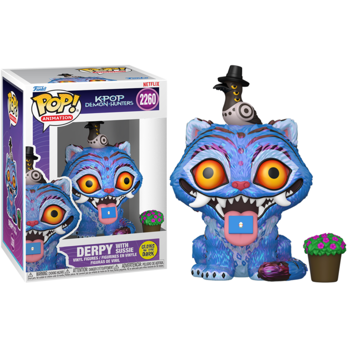 Figurka Funko Pop przedstawiająca Derpy z Sussie z Kpop Demon Hunters, obok pudełka i małej doniczki.