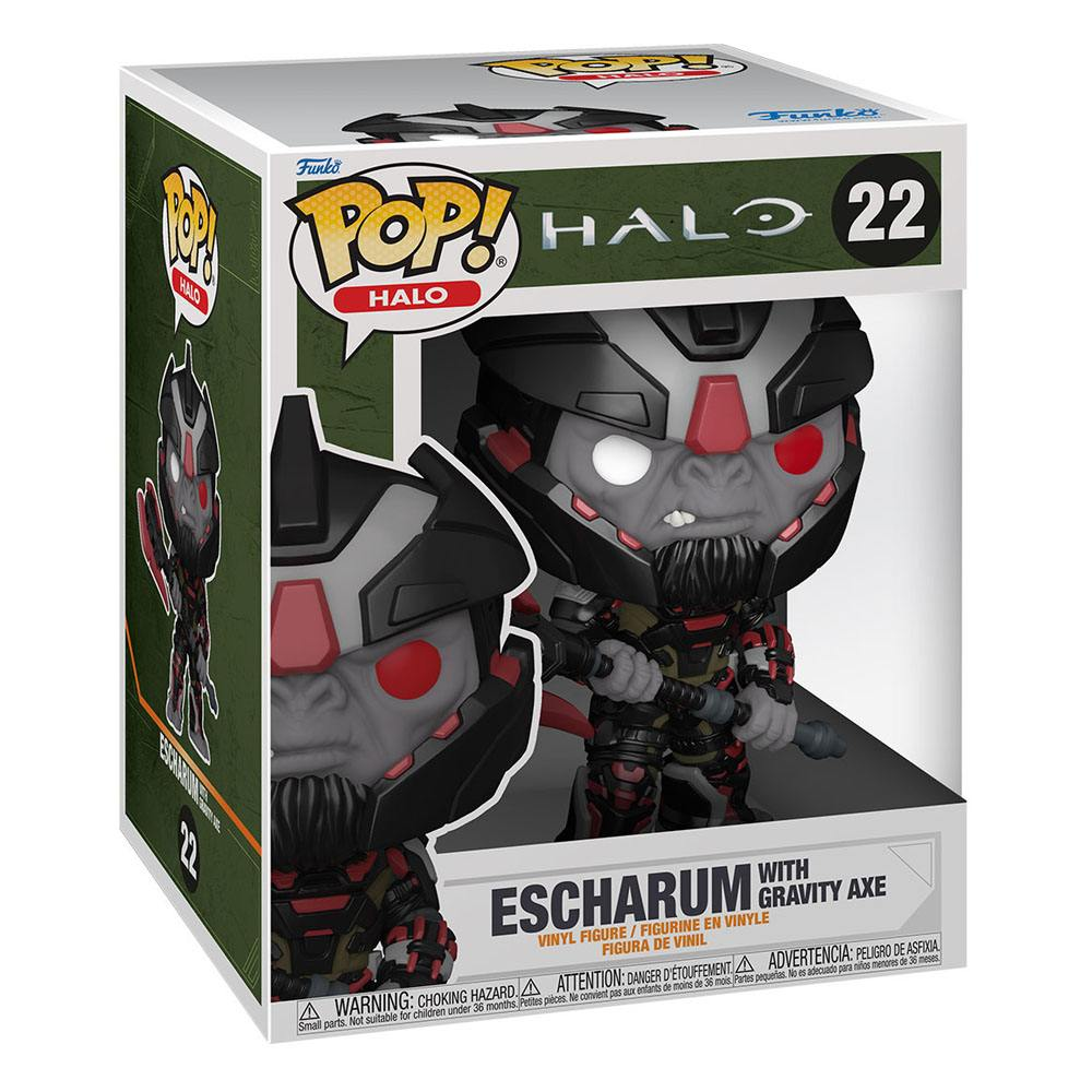 Figurine en vinyle Funko Pop Halo numéro 22 d'Escharum avec hache gravitationnelle en boîte.