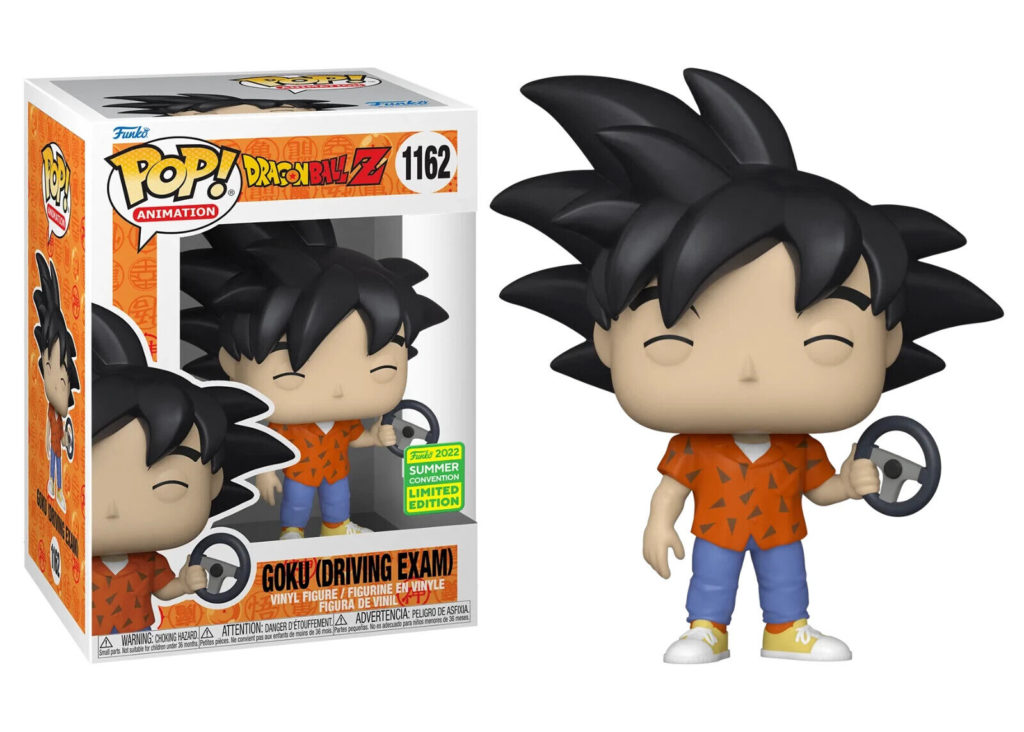 Figura de vinilo Funko Pop de Goku de Dragon Ball Z sosteniendo un volante junto a su caja.