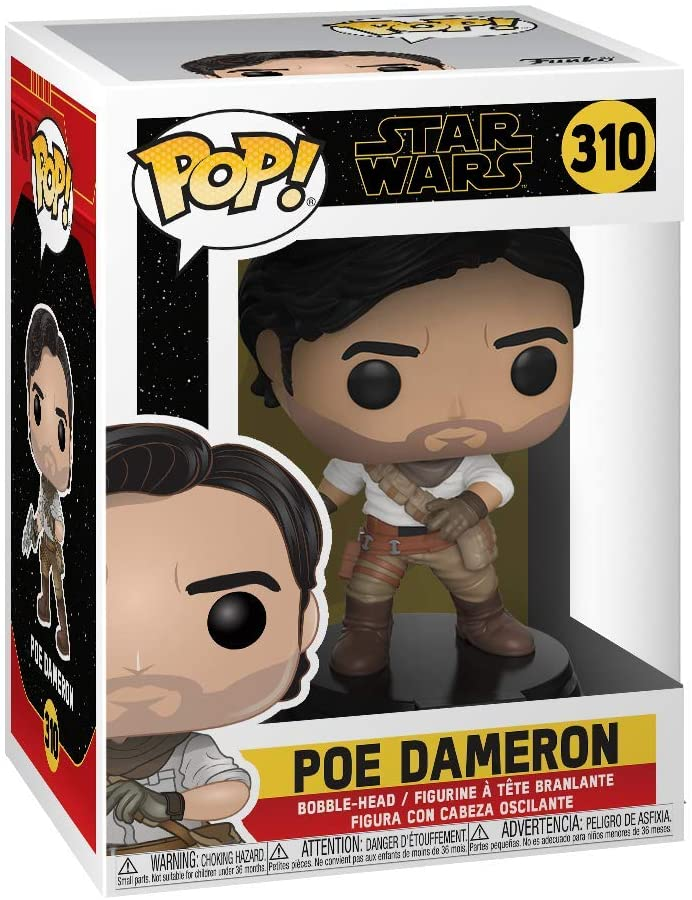 Eine Star Wars Poe Dameron Funko Pop Figur in ihrer Schachtel, Nummer 310, mit weißem Hemd und Gürtel.
