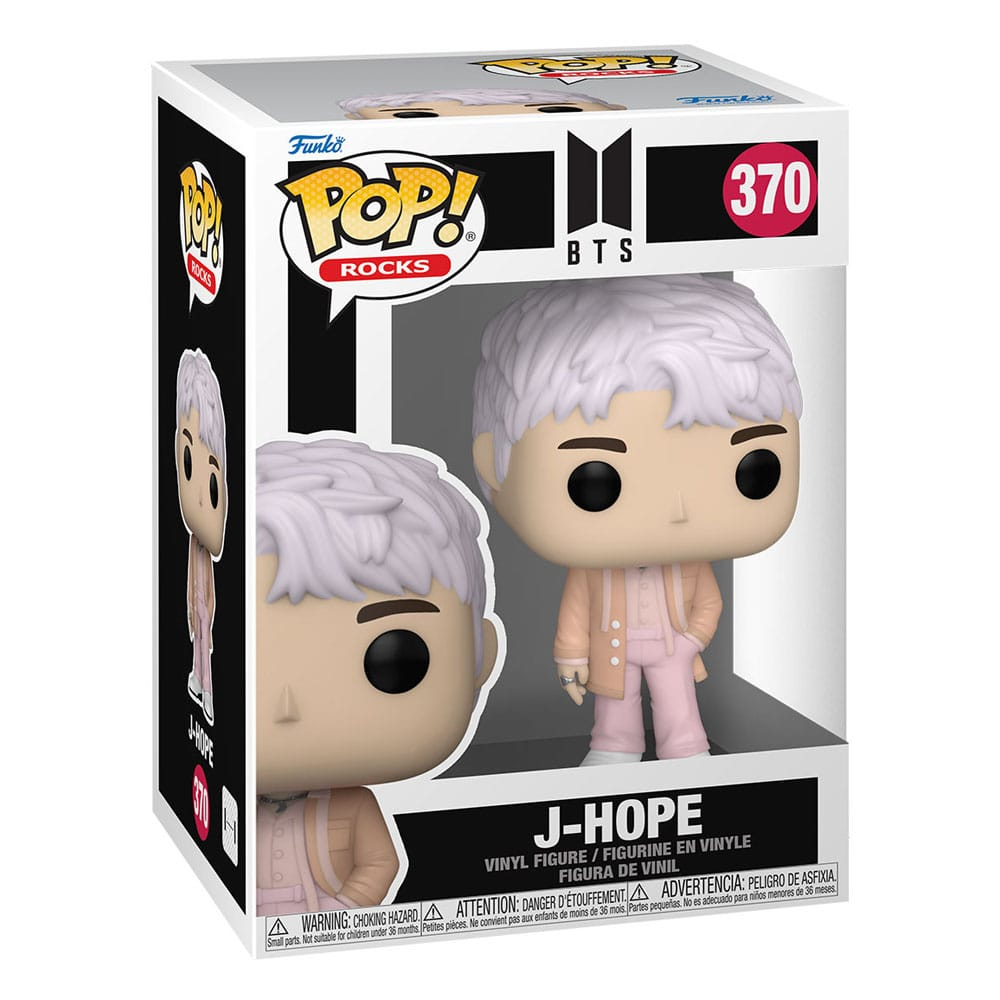 BTS J-Hope Funko Pop Vinylfigur in weißer und pinker Kleidung in einer Sammlerbox.