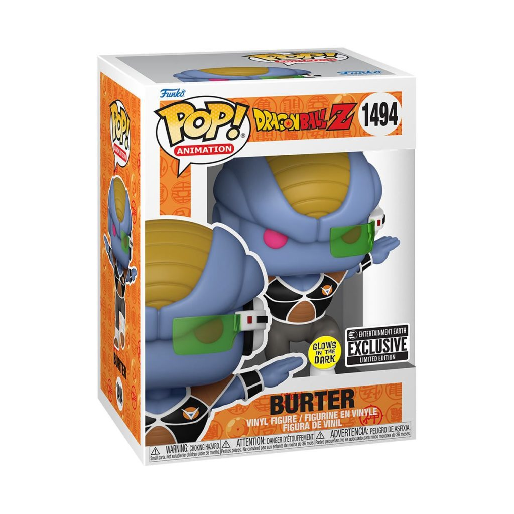 Dragon Ball Z Burter Funko Pop Figur in Schachtel mit blauer Haut, gelben Haaren und grünem Scouter.