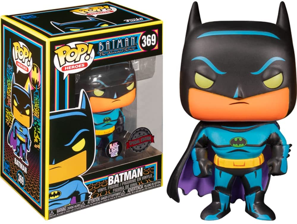 Figura de vinilo Funko Pop de Batman en negro y azul junto a su caja de embalaje de colores neón.