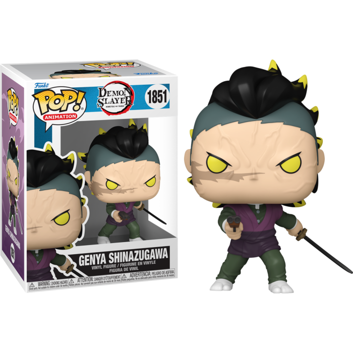 Genya Shinazugawa Funko Pop Figur mit Waffe, neben ihrer Verpackung.