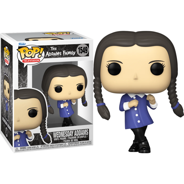 Figurine Funko Pop de Wednesday Addams avec des tresses et une robe bleue à côté de sa boîte.