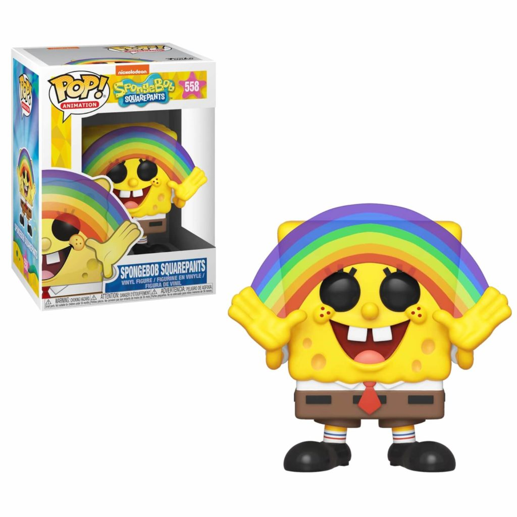 SpongeBob-SquarePants-Funko-Pop-Figur mit einem Regenbogen in den Händen, daneben die Originalverpackung.