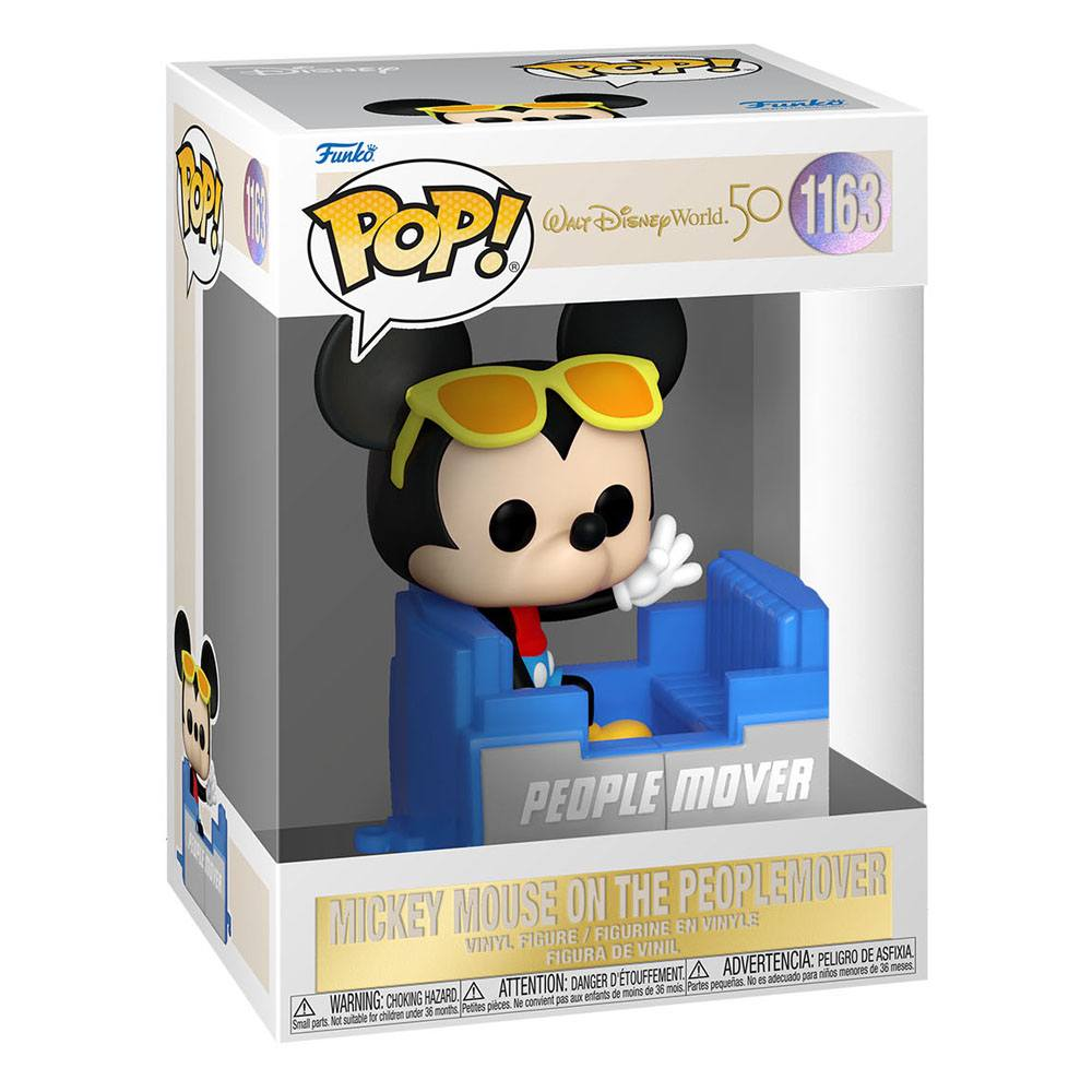Funko Pop Figur von Mickey Mouse in einem blauen PeopleMover Fahrzeug, in einer Sammlerbox.