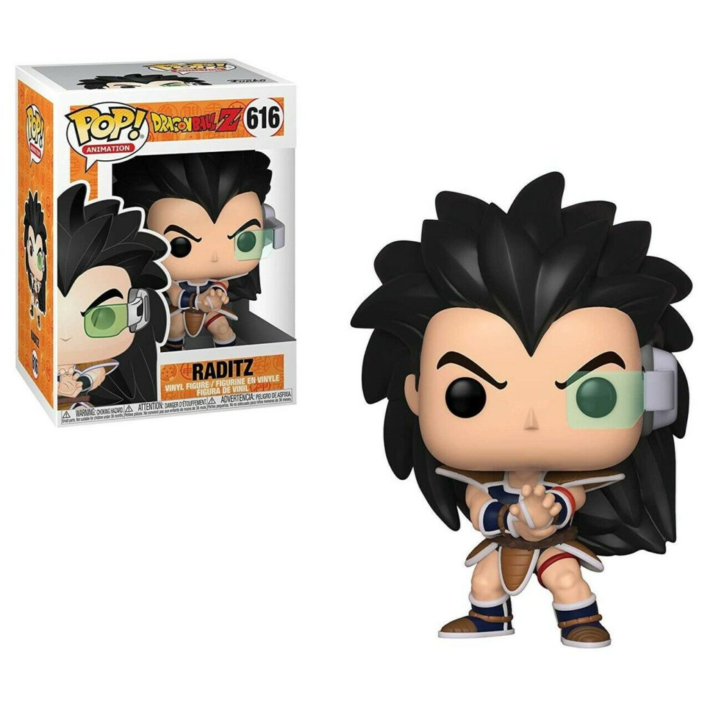Raditz Funko Pop Figur mit langem schwarzem Haar und einem grünen Scouter, präsentiert neben seiner Verpackung.