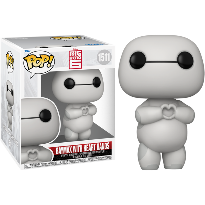 Figura Funko Pop de Baymax haciendo manos de corazón con su caja en fondo negro.