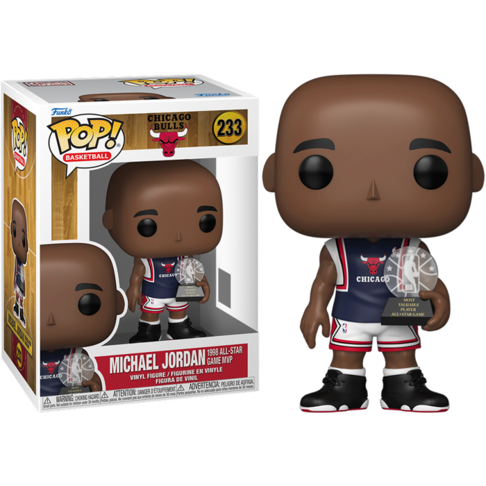 Figura de vinilo Funko Pop de Michael Jordan con trofeo de MVP del All-Star, junto a su caja.