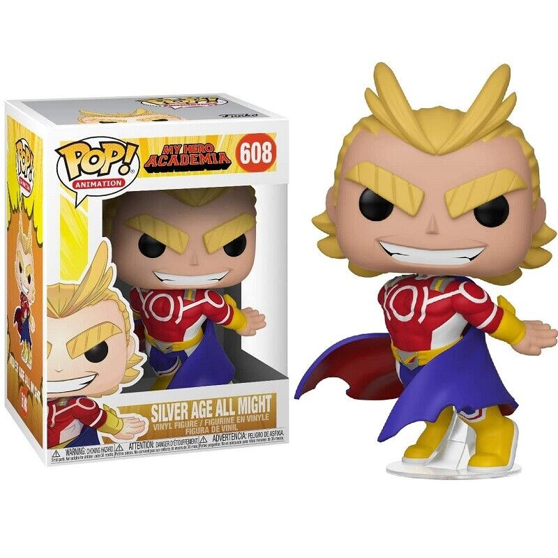 Una figura Funko Pop de All Might con su uniforme de la Edad de Plata junto a su caja.