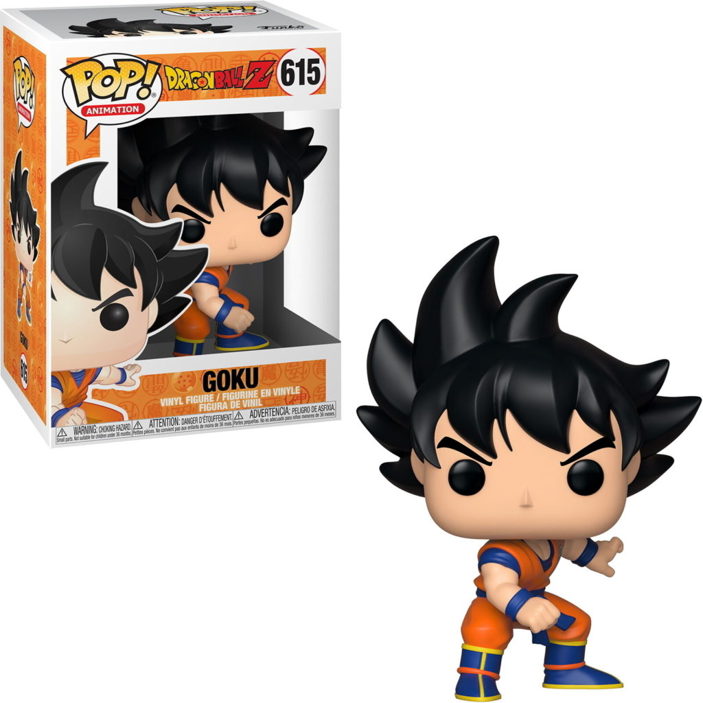 Una figura de vinilo Funko Pop de Goku con gi naranja y pelo negro, junto a su caja de presentación.