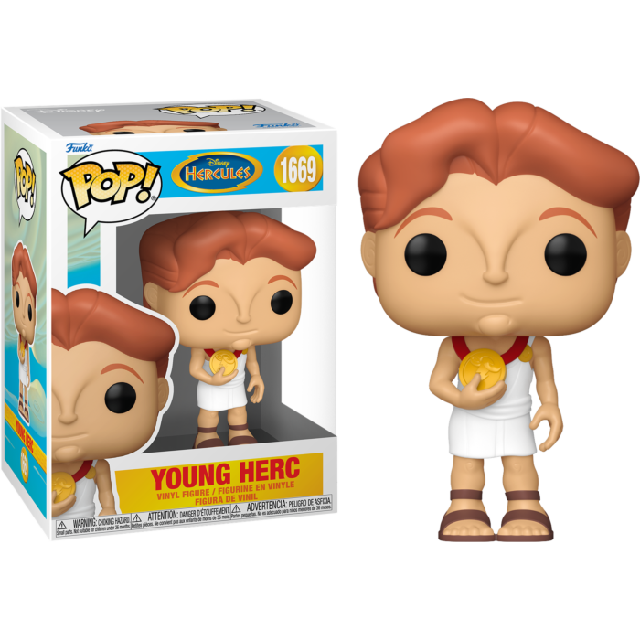 Figurine en vinyle Funko Pop du jeune Hercule tenant une pièce d'or, à côté de sa boîte.