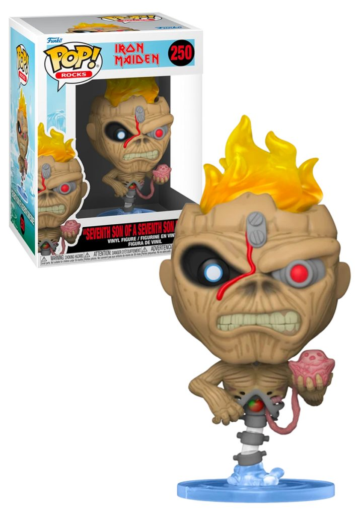 Eine Iron Maiden 'Seventh Son of a Seventh Son' Funko Pop Vinyl-Figur mit Verpackung im Hintergrund.