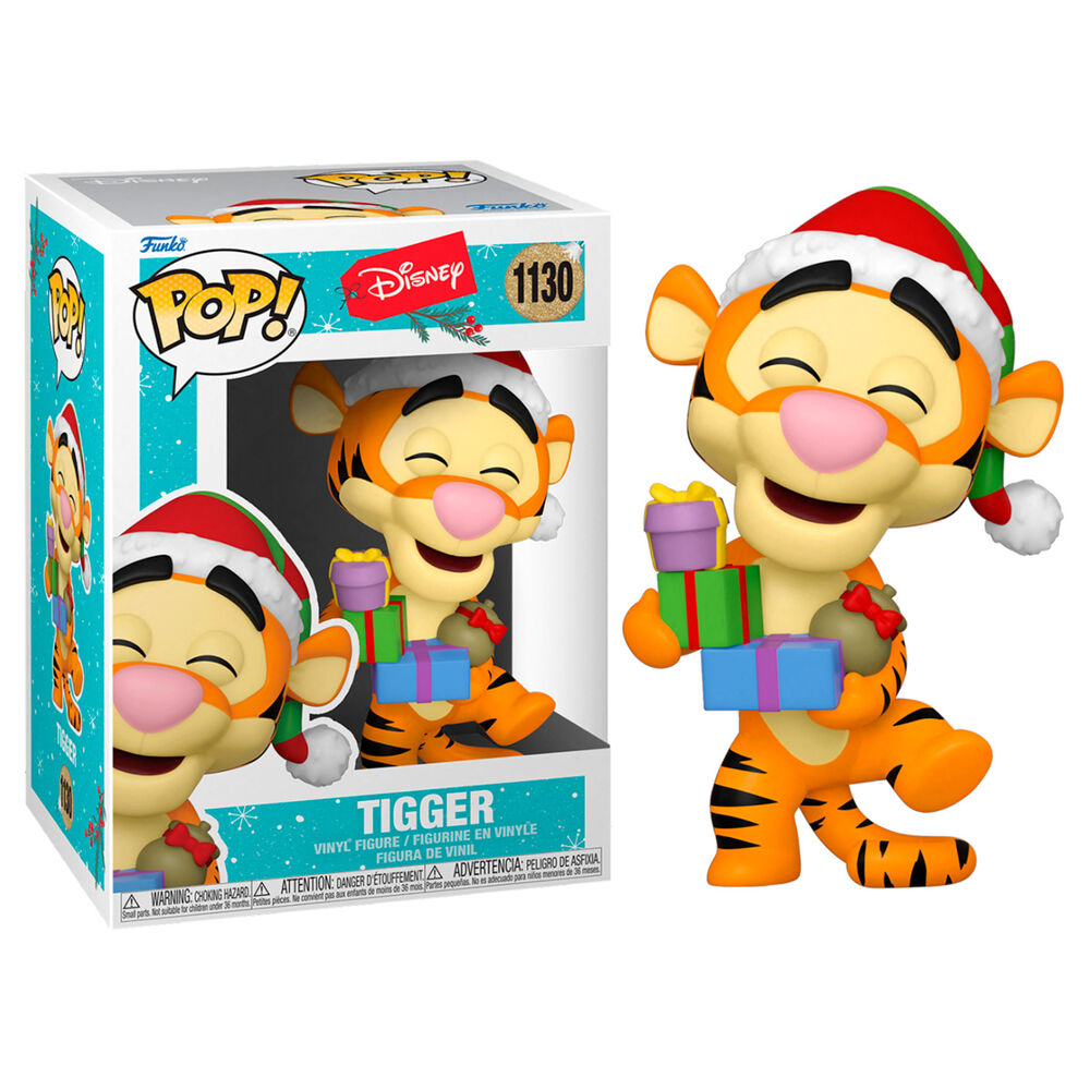 Figura in vinile Funko Pop Disney Tigger con cappello di Natale che regge regali e scatola.