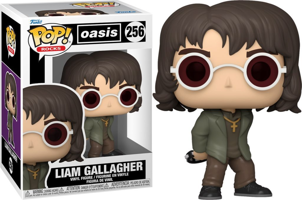Funko Pop Vinyl Figur von Liam Gallagher im grünen Mantel mit runden Sonnenbrillen in Box.