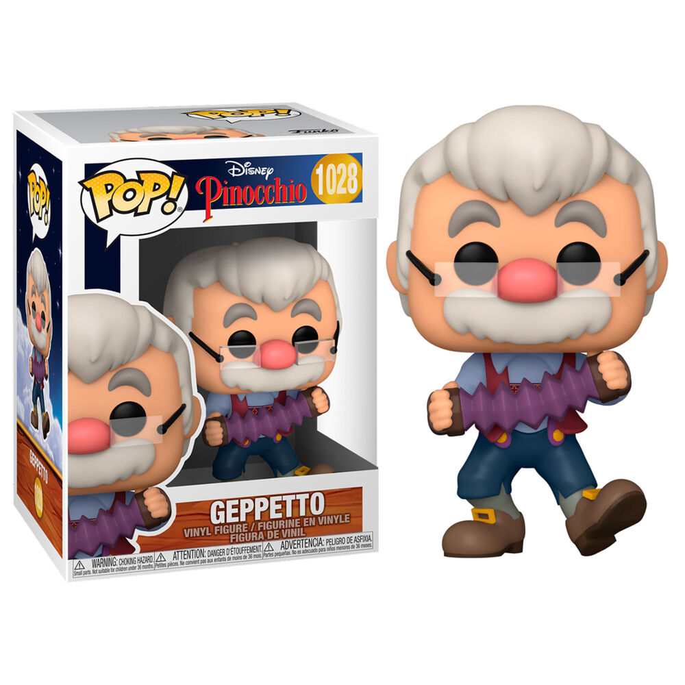 Figura in vinile Funko Pop di Geppetto che suona la fisarmonica, con la scatola.