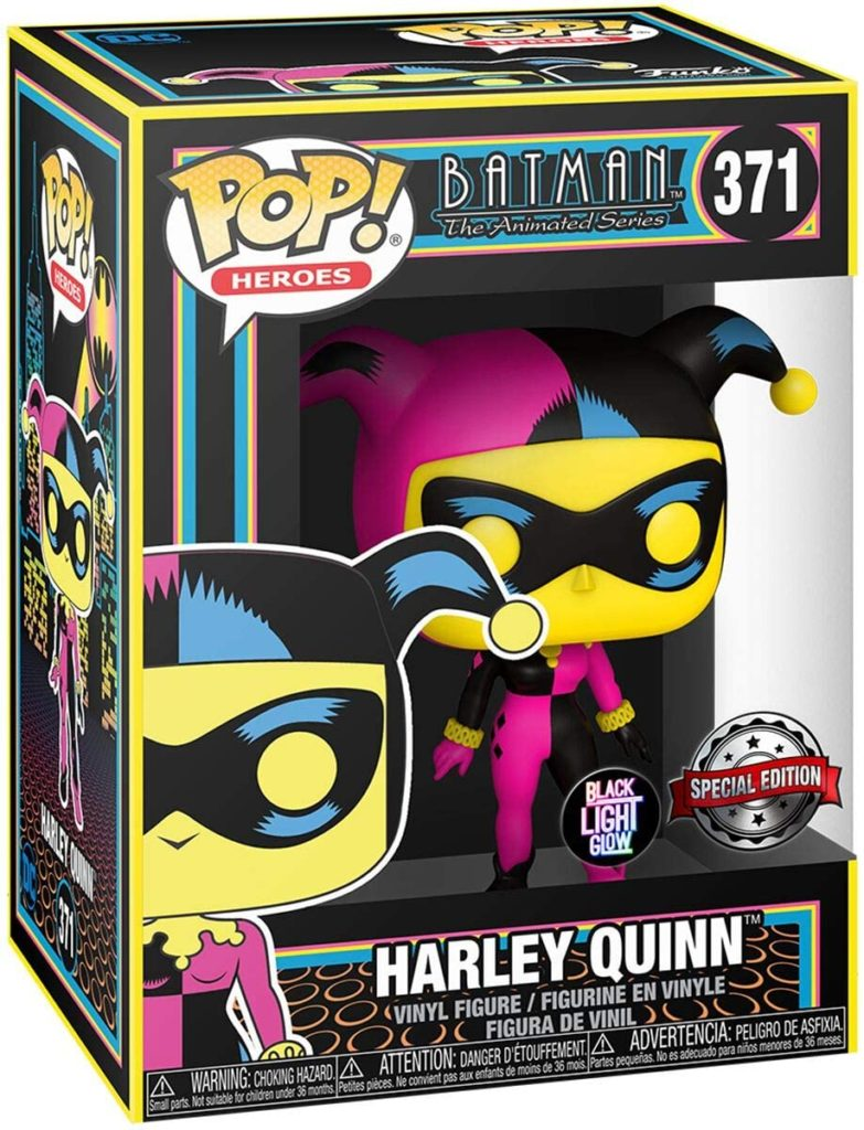 Funko Pop Harley Quinn Vinylfigur Nr. 371 aus Batman, in bunten Schwarz-, Pink- und Gelbtönen in der Verpackung.