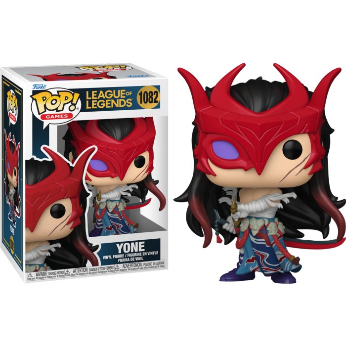 Funko Pop Yone Figur aus League of Legends neben ihrer Verpackung auf schwarzem Hintergrund.