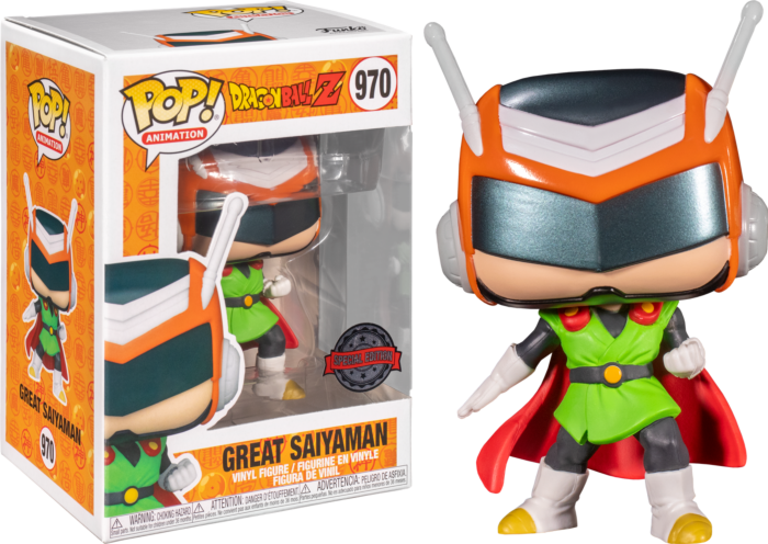 Great Saiyaman Funko Pop Figur mit Verpackung auf schwarzem Hintergrund.