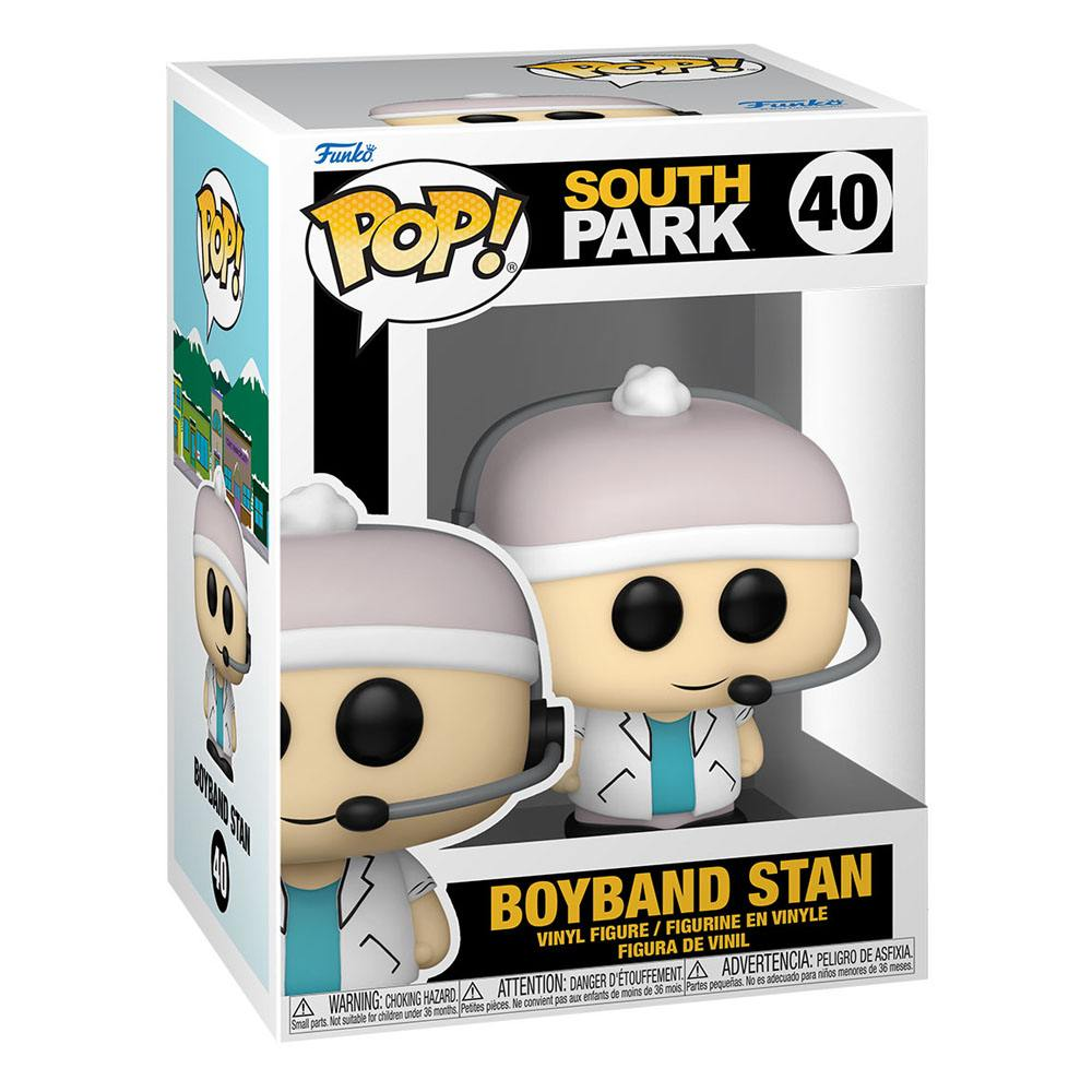 Figurine en vinyle Funko Pop South Park Boyband Stan en boîte, avec chapeau blanc et micro-casque.
