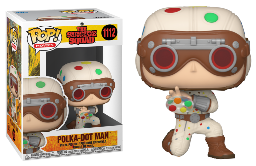 Polka-Dot Man Funko Pop Figur mit weißem Anzug und bunten Punkten, Goggles und kreisförmigem Gadget.
