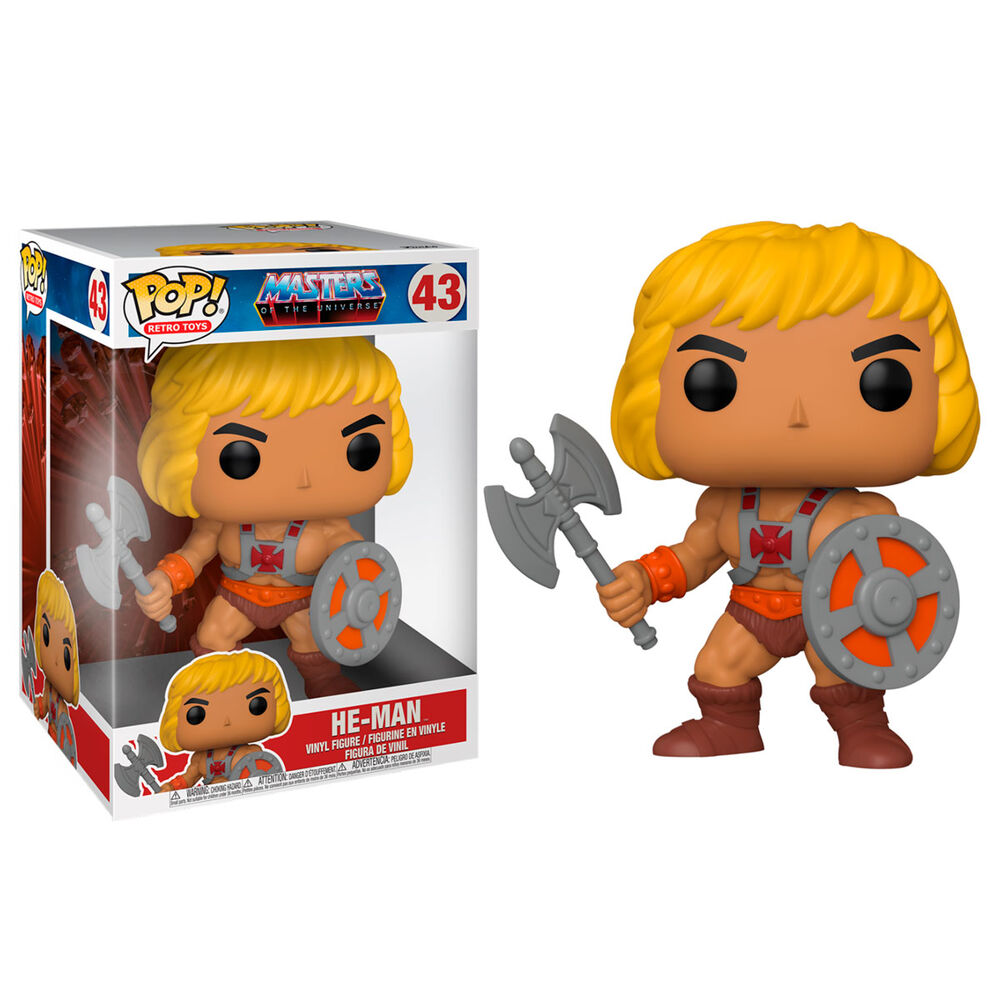 Figura de vinilo Funko Pop de He-Man con hacha y escudo junto a su caja.