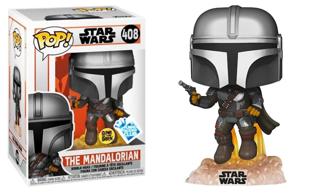 Mandalorian Funko Pop Figur mit Jetpack und Blaster, neben seiner Verpackung.