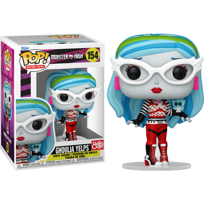 Ghoulia Yelps Funko Pop Figur mit Verpackung, blauen Haaren, weißer Brille und rot-schwarzem Outfit.