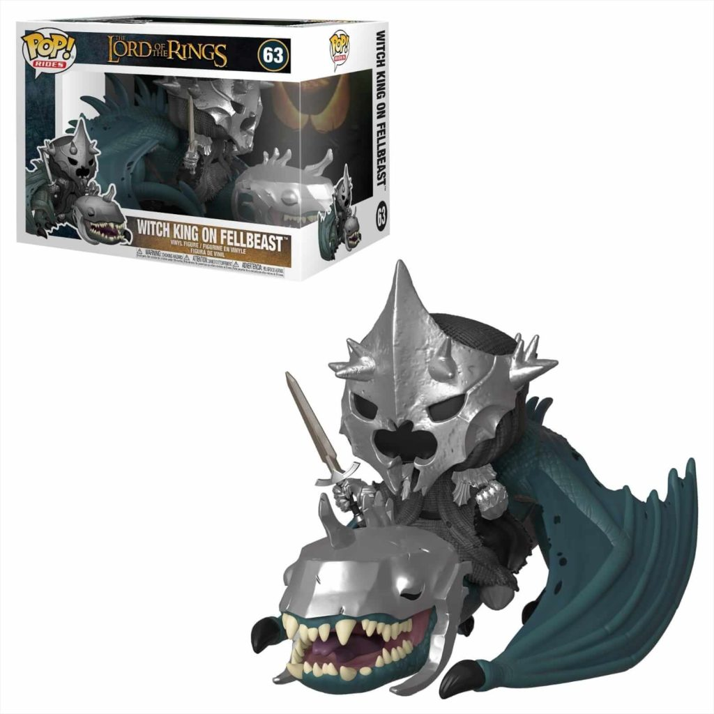 Funko-Pop-Figur des Hexenkönigs auf einem Schattenflügler mit Box im Hintergrund.