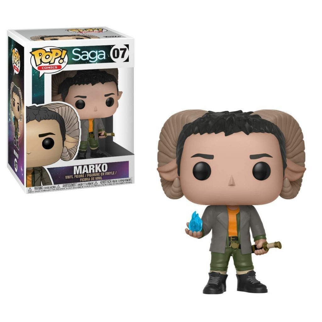 Figura de vinilo Marko Funko Pop con cuernos, fuego azul y su caja.