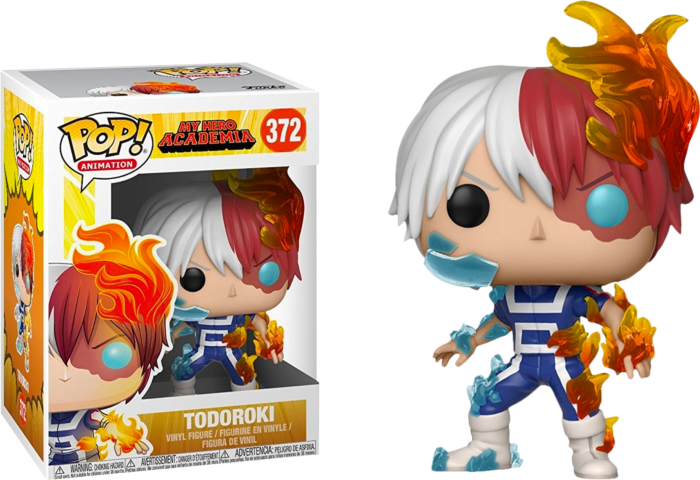 Funko Pop Shoto Todoroki Figur mit Feuer und Eis Effekten, neben seiner originalen Box.