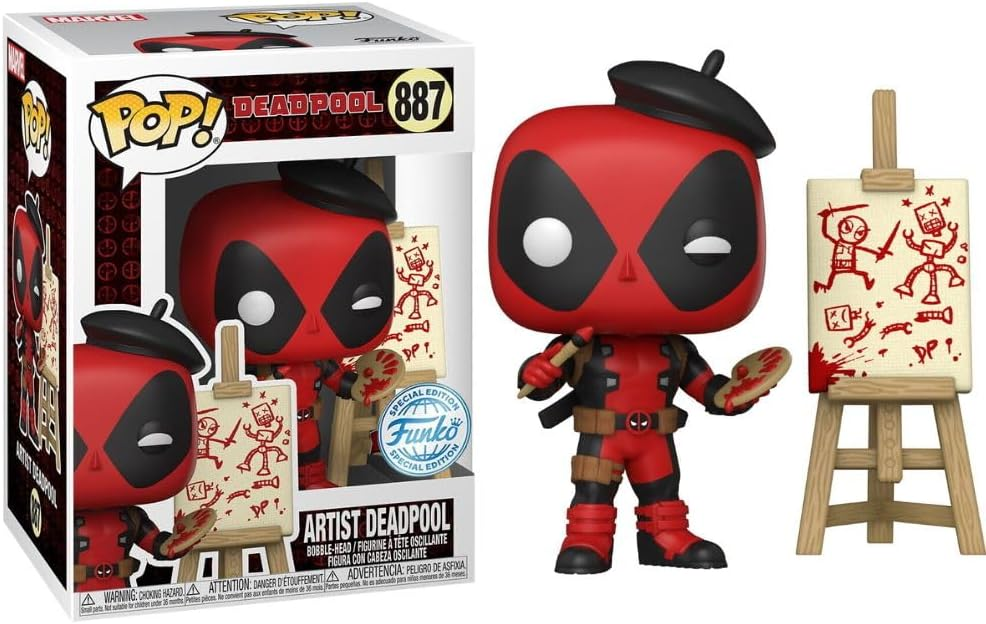 Artist Deadpool Funko Pop Figur mit Beret, Pinseln und Staffelei in Box und davor.