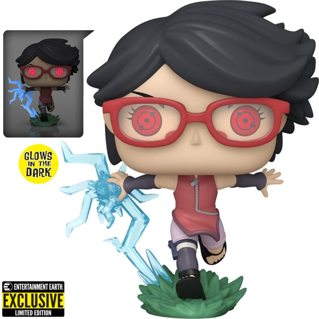Sarada Uchiha Funko Pop Figur mit roten Brillen, Sharingan Augen und blauem Chidori Effekt.