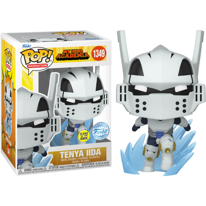 Figurka Funko Pop Tenya Iida w białym stroju i khemie, stojąca na niebieskich efektach, obok pudełka.