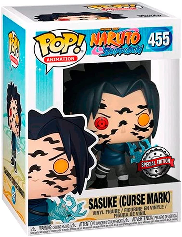 Figura Funko Pop de Sasuke con marca maldita de Naruto Shippuden en caja.