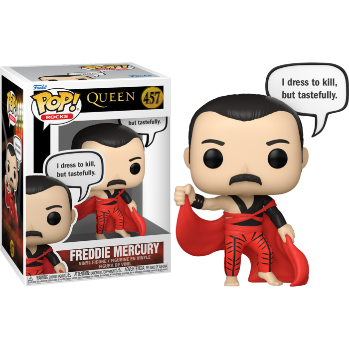 Figura de vinilo Freddie Mercury Pop! Rocks con traje rojo y negro y bocadillo.