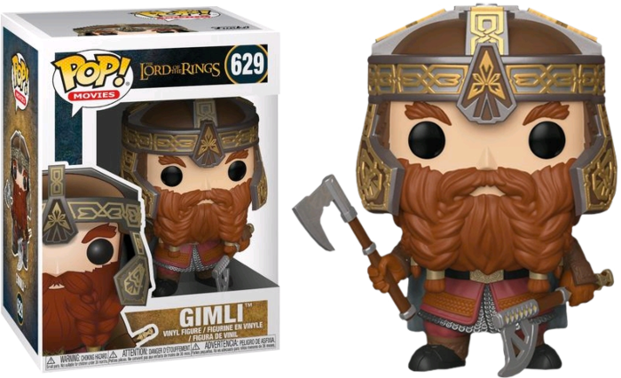 Figurine vinyle Funko Pop de Gimli du Seigneur des Anneaux avec une hache, près de sa boîte.
