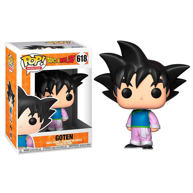 Goten Funko Pop Figur in blauer und rosa Kleidung mit schwarzem Haar, stehend neben seiner Box.