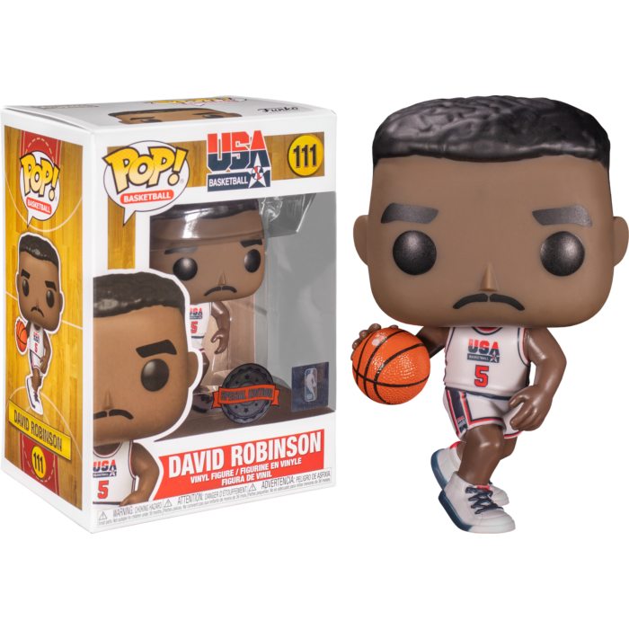 David Robinson Funko Pop Figur mit Basketball und seiner Verpackung.