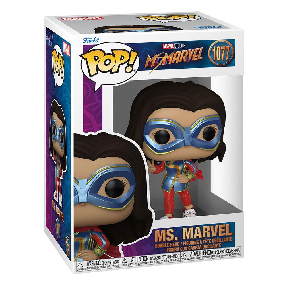 Figurka Funko Pop Ms. Marvel w pudełku z niebieską maską oraz czerwono-niebieskim strojem.